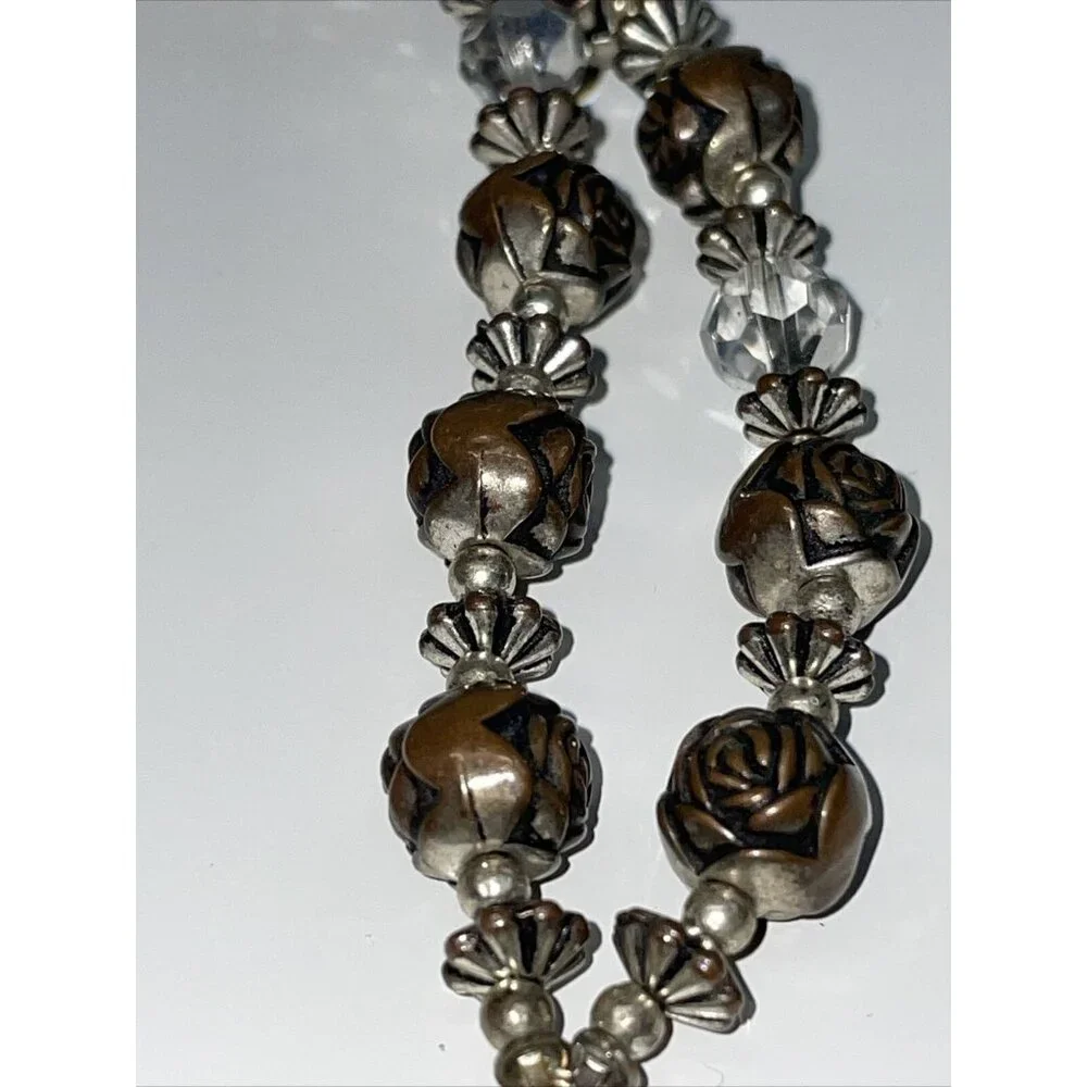 Vintage Brass Rose Pendant Necklace With Plastic Beaded Roses Filigree Stunning!